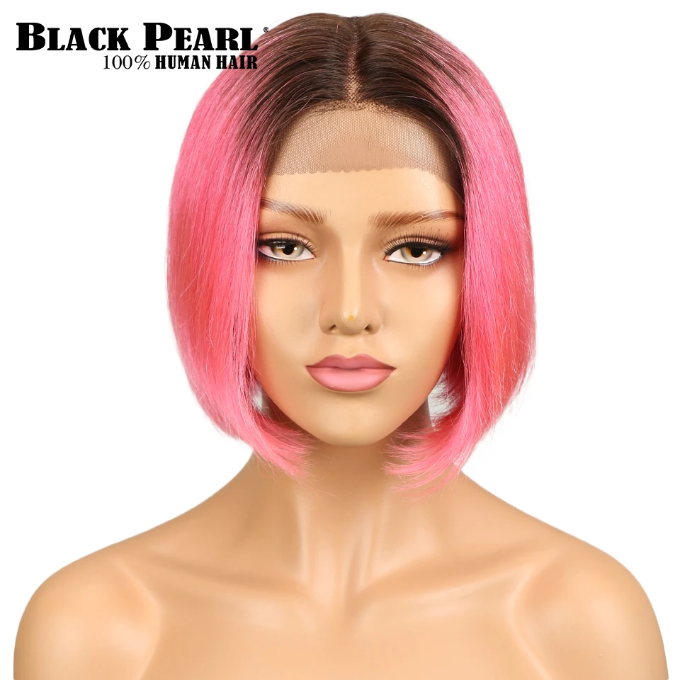 

l Brazilian Straight Short Bob Ombre Lace Front Human Hair Wigs For Women 130% Density Pink Brick Red Color Middle Part Lace Wig