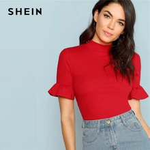 SHEIN модная футболка с воротником-стойкой и манжетами,, элегантная женская одежда, летняя футболка, топы с рукавами-стойкой