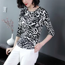 Шелковая трикотажная футболка с круглым вырезом, женская футболка из шелка с короткими рукавами и принтом