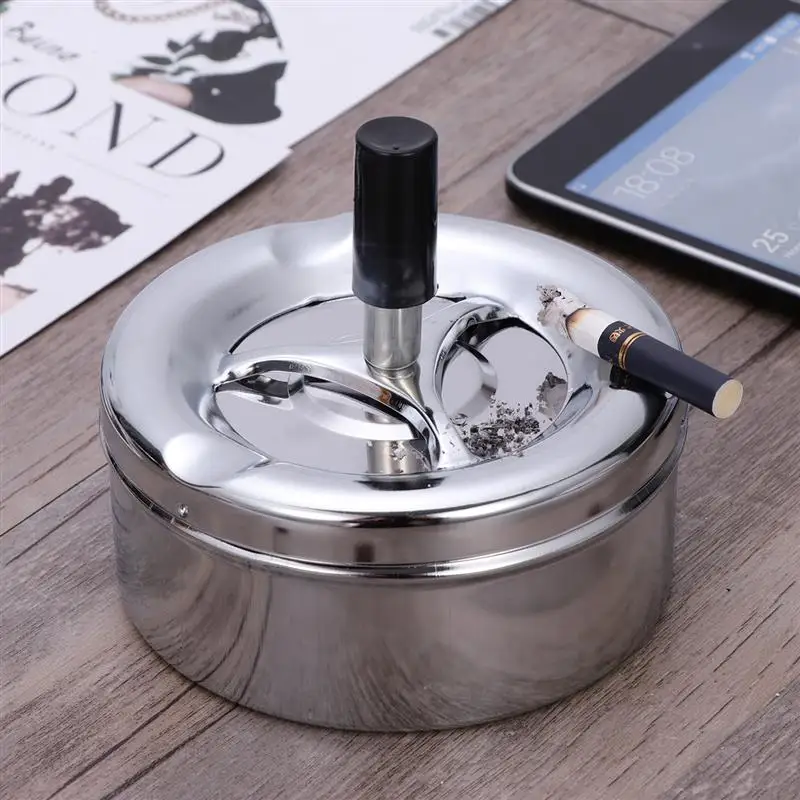 LUOEM Round Push Down Cigarette Ashtray Stainless Steel Tabletop