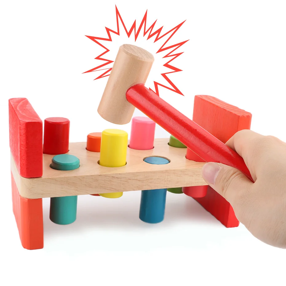  Wood Hammer Toy Montessori Materials Early Learning Hamster Game Pounding Bench Knocking Piling Tab