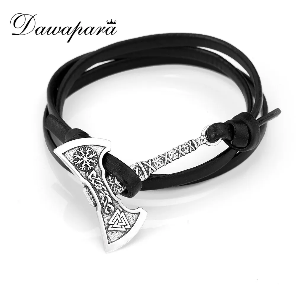 

Dawapara Nordic Viking Valknut And Vegvisir Compass Axe Amulet Jewelry Leather Bracelet Men Women Talisman