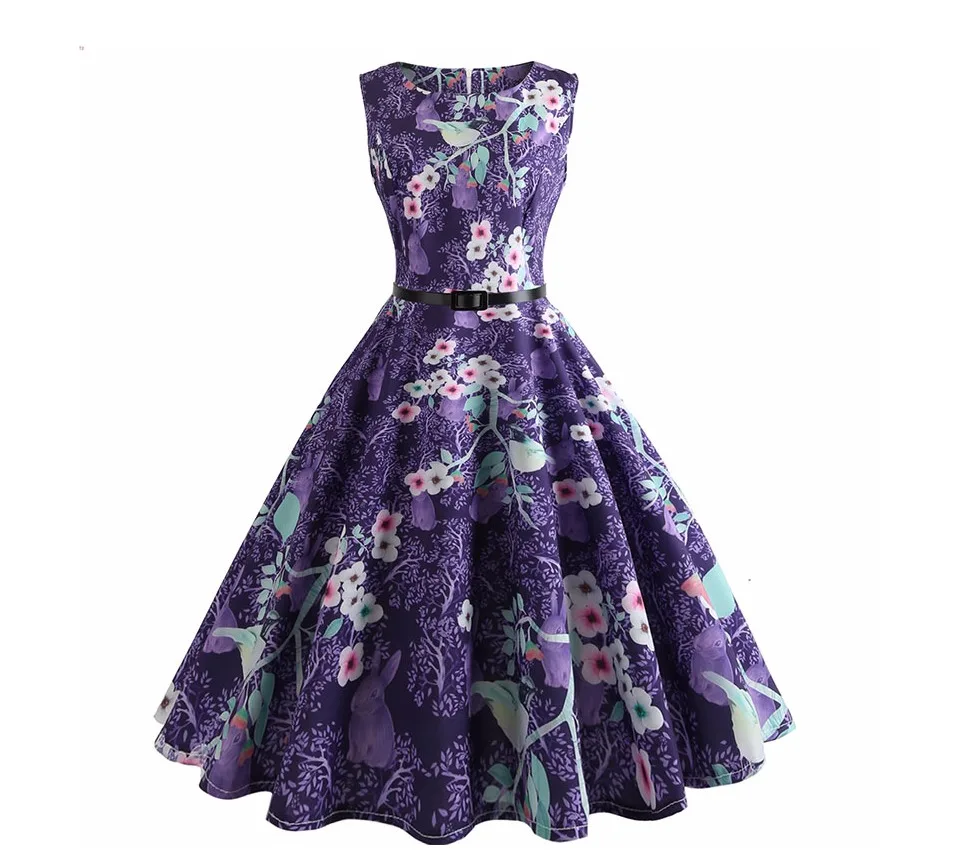 Женское летнее платье с цветочным принтом Хепберн 50s 60s ретро винтажное платье трапециевидной формы для вечеринок с поясом размера плюс