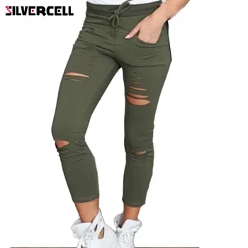 

New Skinny trousers women Denim Pants Holes Destroyed Knee Pencil trousers women Trousers Black White Stretch Ripped Jeans