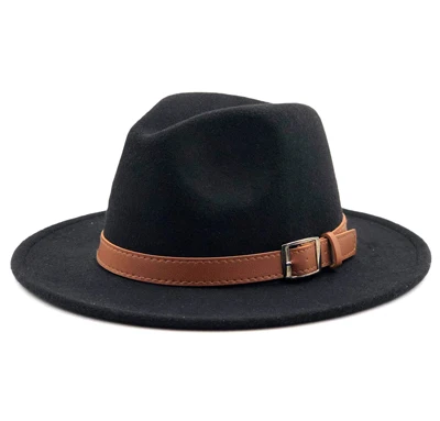 Модный ремень сплошной цвет Fedoras большой размер осень зима мужской топ шляпа Женская фетровая шляпа мужской большой козырек шерсть роскошный Винтаж джаз - Цвет: Black