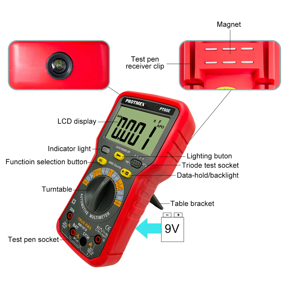 Protmex PT80B/80E 6000 отсчетов Цифровой Авто/Ручной Автомобильный мультиметр DC/AC напряжение, ток, сопротивление, Емкость Тестер