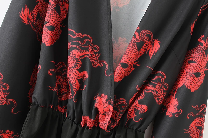 Женское сексуальное кимоно с перекрестным v-образным вырезом и принтом дракона тотема, боди, рубашка, Женская шикарная сиамская блузка, комбинезоны, Ретро стиль, тонкие Блузы LS2964