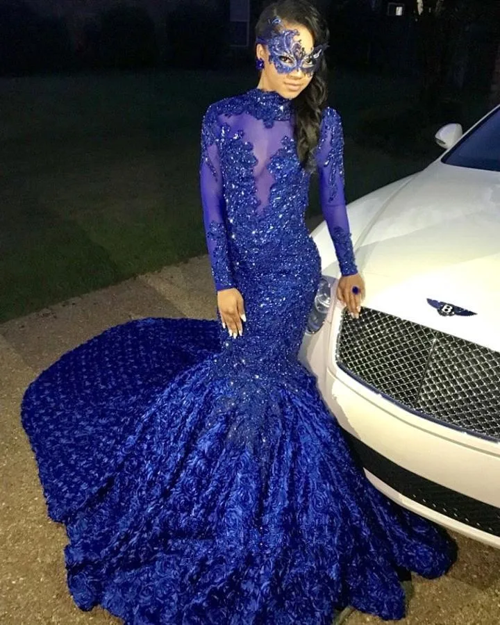 Long sleeve royal blue prom dress