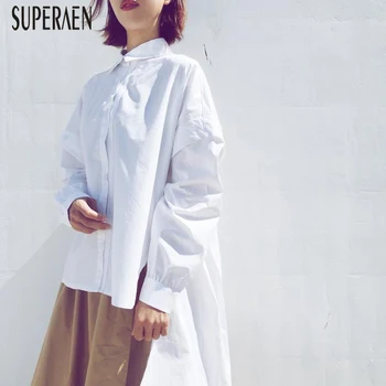 

SuperAen Loose Irregular Single-breasted Women Shirt Long-sleeved Solid Color Cotton Casual Ladies Blouses and Tops New 2018