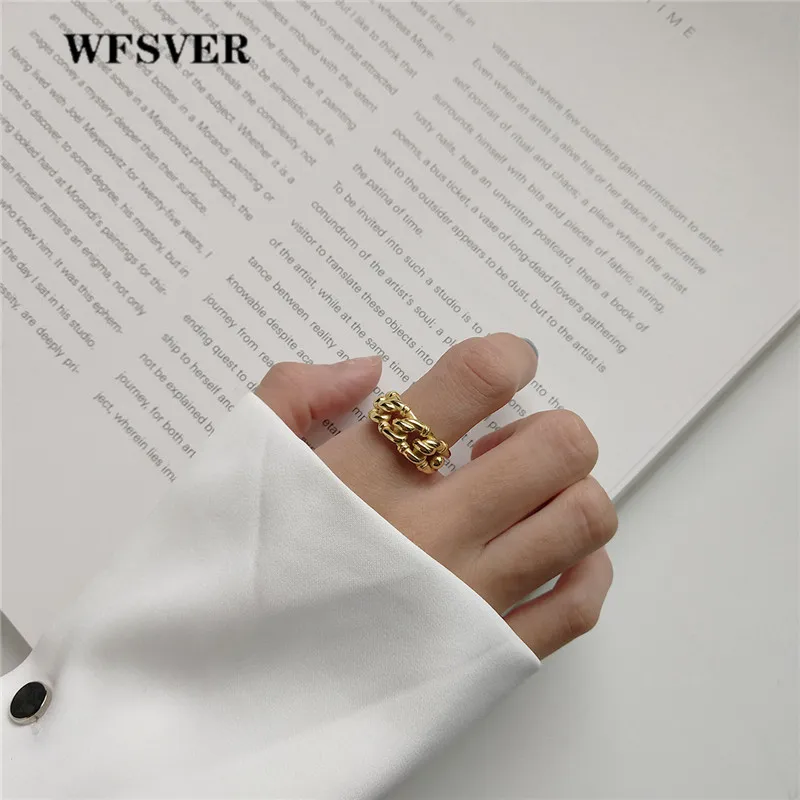 WFSVER корейский стиль кольцо из стерлингового серебра 925 для женщин Мода Золотой цвет цепи Незамкнутое регулируемое кольцо ювелирные изделия подарок