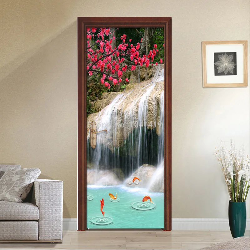 HD водопад природа пейзаж фреска обои гостиной спальня 3D стены Дверь Творческий фрески, наклейки самоклеющиеся Home Decor