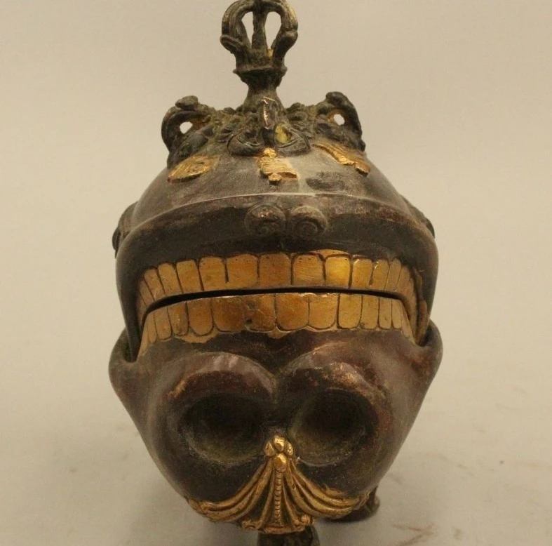

5"Chinese Buddhism Folk Bronze Gild Lucky Skull Heads Incense Burner Censer
