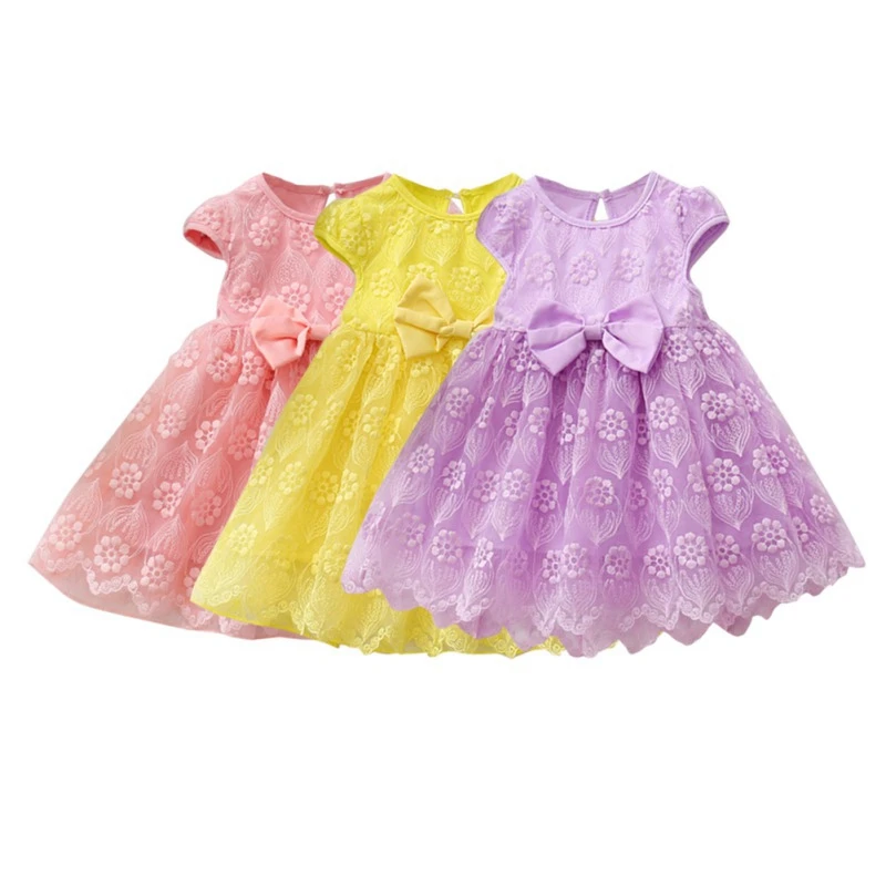 

Hot Sale Summer Casual Baby Girls Lace Mesh Dress Bowknot Design Short Sleeve Kids Toddler Pageant Princess Mesh Sundress