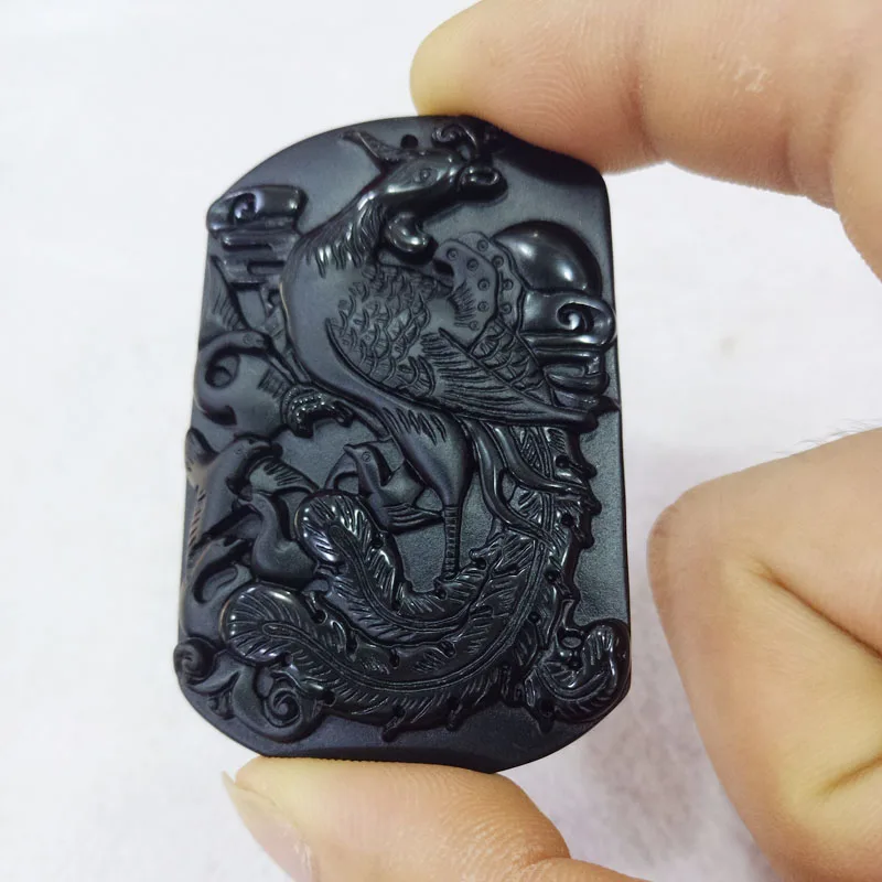 

Yu Xin Yun Natural Black Obsidian Carved Peacock Lucky Amulet Pendant jade Necklace For Women Men pendants Jewelry