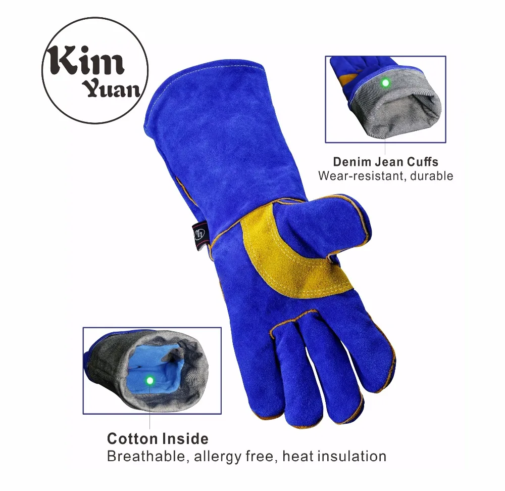 

KIM YUAN 009/011L Leather Welding Gloves-Heat/Fire Resistant, for Gardening/Tig Weld/Beekeeping/BBQ -Blue-yellow 14in&16Inches