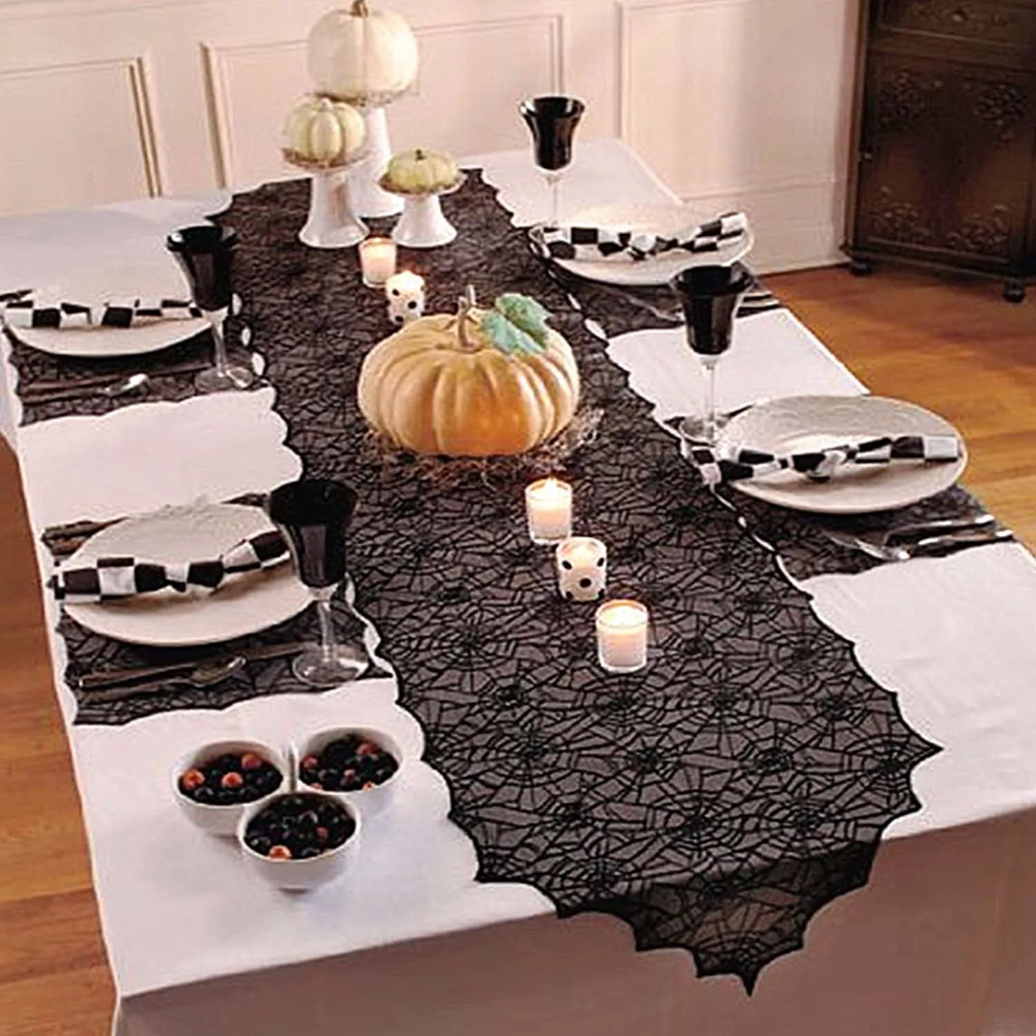 

Behogar Halloween Black Lace Spider Webs Style Table Runner Cover Tablecloth for Dinner Party Scary Movie Night Table Decor