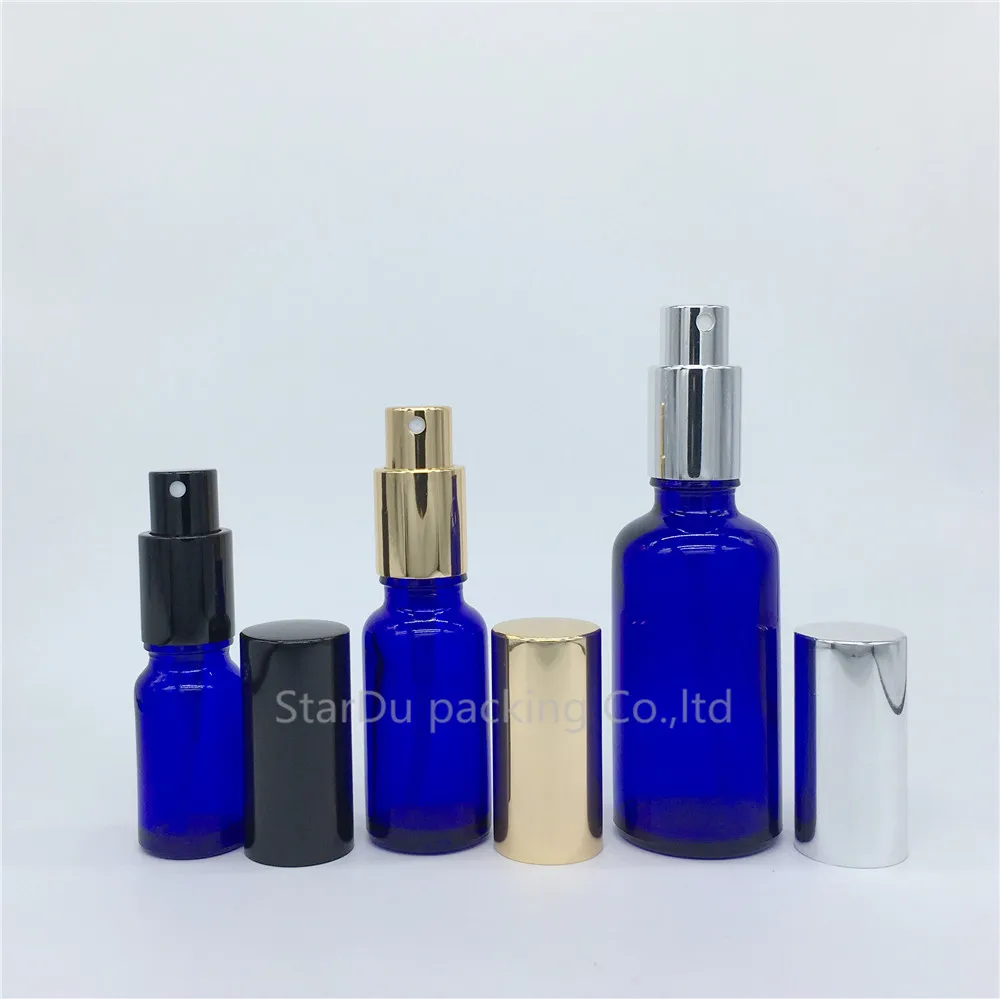 

10ml 15ml 20ml 30ml 50ml 100ml blue glass bottle with Perfume aluminum sprayer, Essential Oil Spray Glass blue Bottles