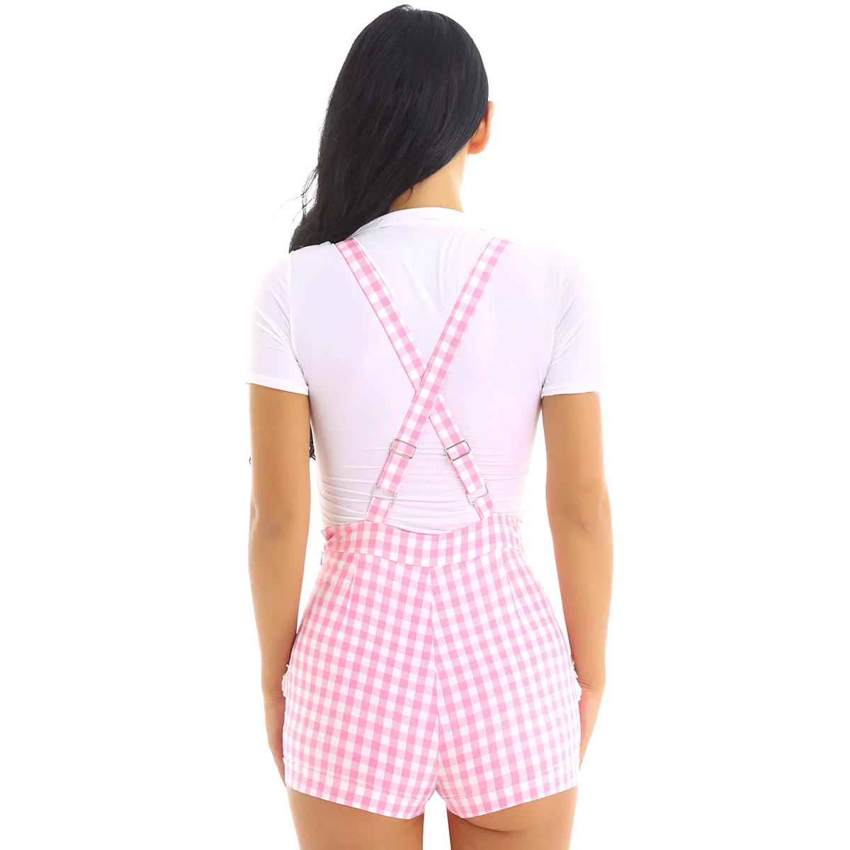 iiniim Adult Womens Cute ABDL Clothing Baby Patch Criss-cross Back Gingham Print Babydoll Short Overalls Shortalls Jumpsuits 11