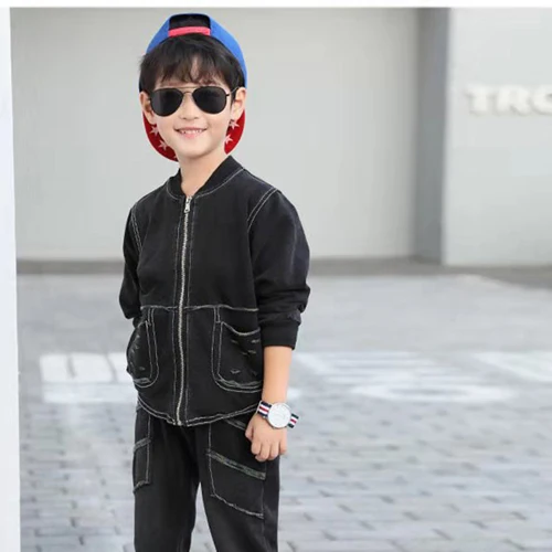 Модные осенне-весенние комплекты одежды для мальчиков хлопковые джинсовые пальто с длинными рукавами+ штаны комплекты одежды для мальчиков детские костюмы - Цвет: 002