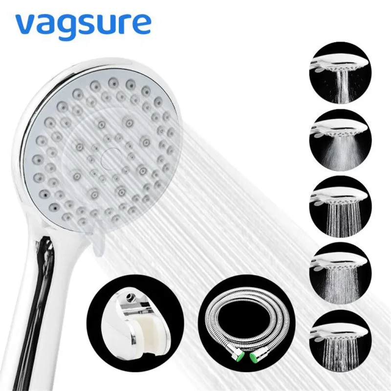 

Five Function Adjustable Shower Head ABS Chrome Bathroom Bath Shower Water Saving High Pressure Round Shape Handheld Hose Nozzle