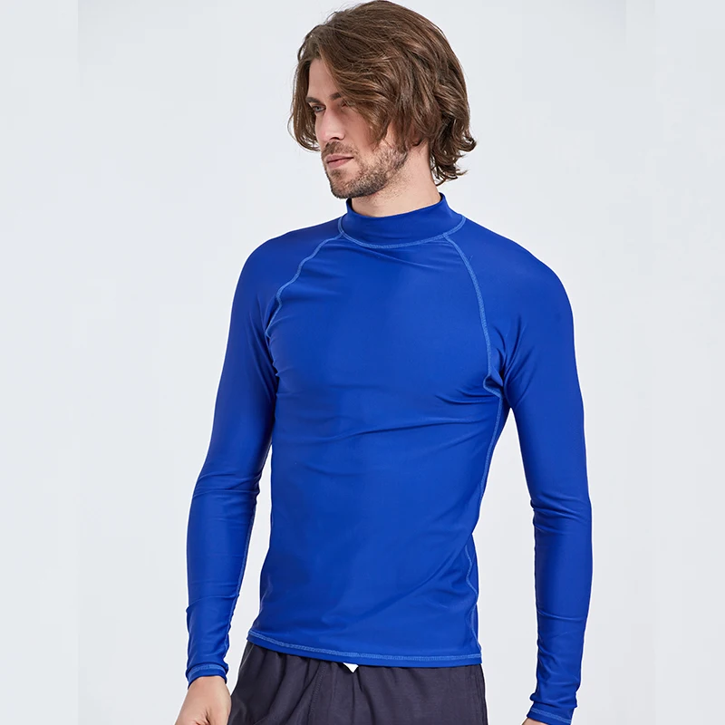 Мужская быстросохнущая Футболка для плавания UPF 50+ Rashguard с длинным рукавом, Топ для плавания, одноцветная синяя Облегающая рубашка для плавания