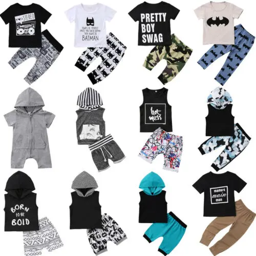 

2pcs Baby Boy Hooded T-shirt Tops+Pants Outfit Toddler Kids Summer Clothes Set
