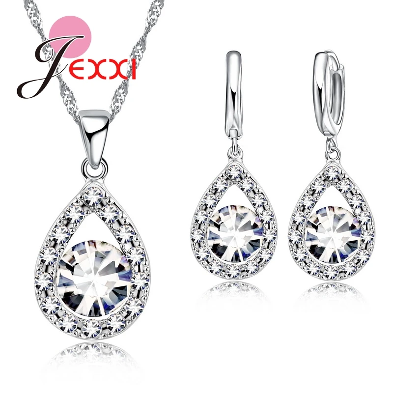 

PATICO Elegant Design Hollow 925 Sterlling Silver Cubic Zirconia Stone Water Drop Pendant Necklace Earrings for Women Bijoux