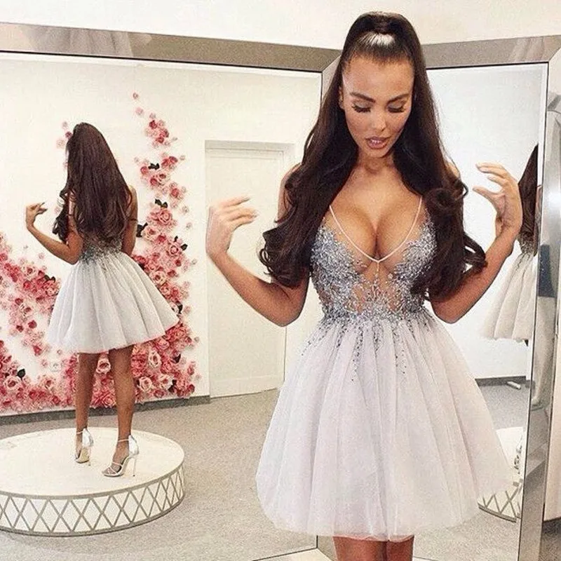 

Sexy 2018 Elegant Cocktail Dresses A-line V-neck Prom Dress Short Mini Tulle Lace Beaded Party Plus Size Homecoming Dresses
