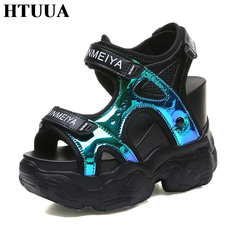 

HTUUA 2019 Laser Leather Wedges Platform Sandals Women Summer Shoes Woman Sneakers High Heels 11.5CM Sandalia Feminina SX2644