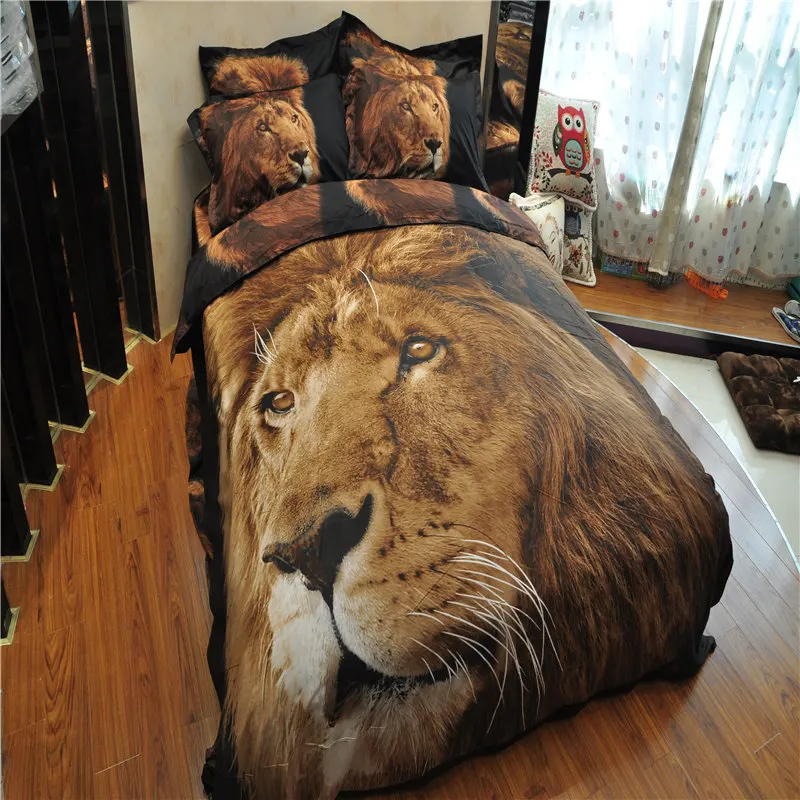 

Animal Style Home Fashion Luxury Bedding Set Lion pattern Comforter and Pillowcases and Black Sheets Super King Size Duvet Set
