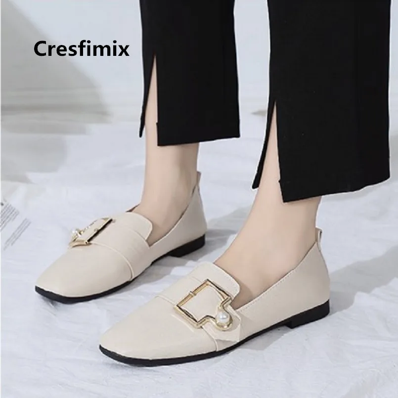 Cresfimix zapatos de mujer women fashion white pu leather slip on flat shoes lady cute sweet black flats soft comfy shoes a3420