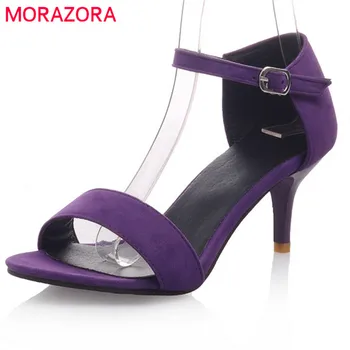 

MORAZORA 2020 new arrive women sandals summer simple flock buckle strap size 33-46 classic solid thin high heels shoes woman