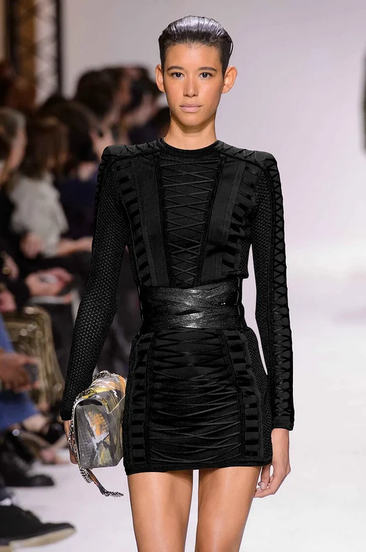 

High Quality Black Long Sleeve Mesh Weaving Rayon Bandage Dress Homecoming Party Bodycon Dress