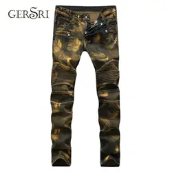 Gersri мужские узкие хип-хоп прямые джинсовые штаны уличная Мужская золотая молния мотоциклетные байкерские джинсы хлопковые длинные джинсы