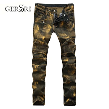 

Gersri Men Printed Slim HipHop Straight Denim Pants Streetwear Men Gold Zipper Motorcycle Biker Jeans Cotton Long Jeans Male