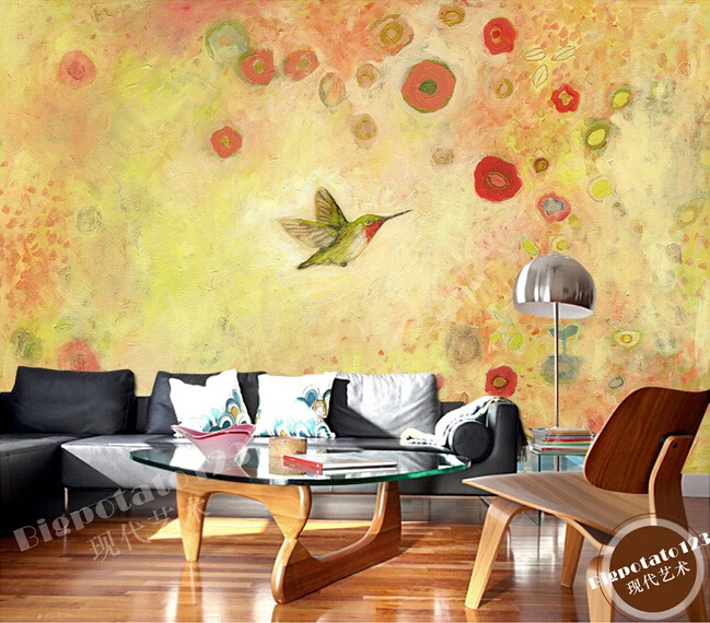 Peintures Murales 3d Personnalisees Jolie Peinture A Fleurs Et Oiseaux De Dessin Anime Papier Mural Pour Salon Canape Mur De Television Chambre D Enfants Papier Peint 3d Aliexpress