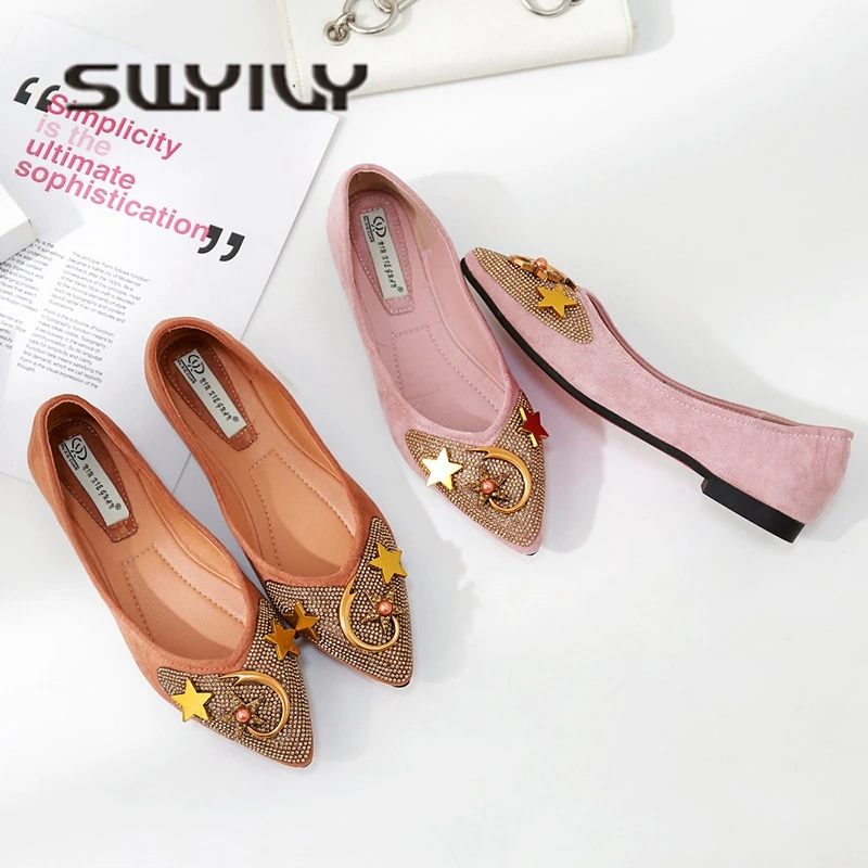 SWYIVY Shoes Flats Woman Metal Star Vintage Spring Autumn Female Casual Shoes Pointed Toe Lady OL Slip On Flats Shoes 40 Size