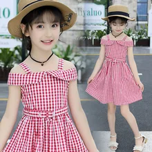 ; платье-майка для девочек; Новая летняя Повседневное Стиль милые, с короткими рукавами, в клетку, с принтом с квадратным вырезом; дизайн для девочек, одежда без рукавов