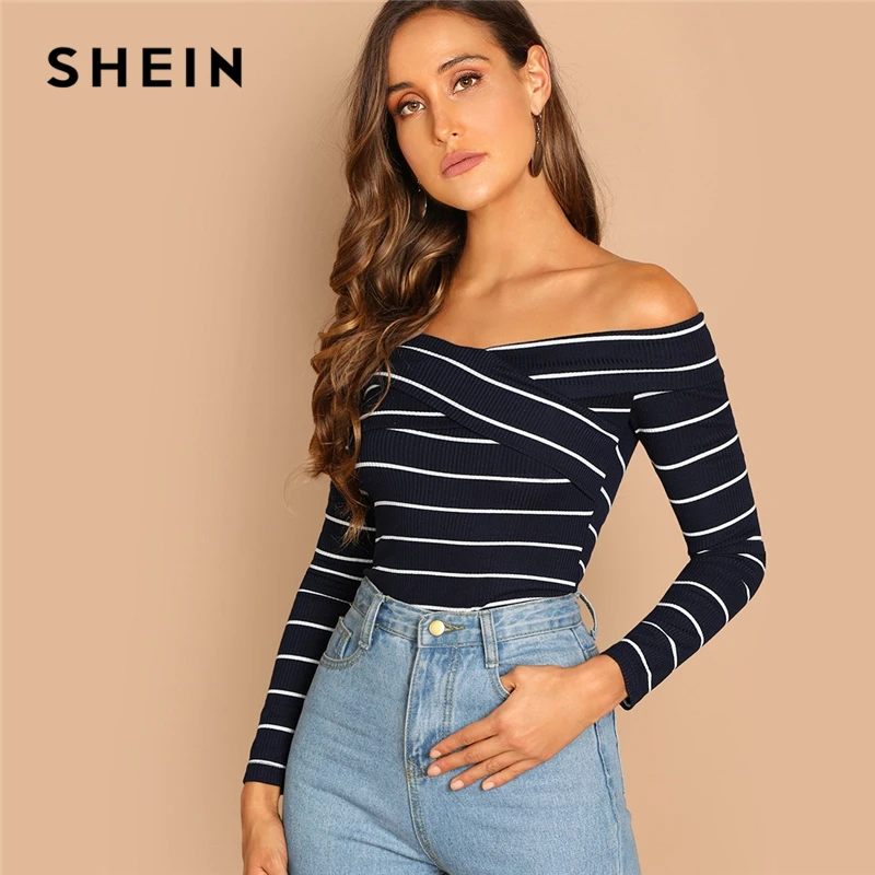 SHEIN Футболка В Полоску С Открытыми Плечами Облегающий Топ Женский Осенний Элегантный Топ С Длинными Рукавами