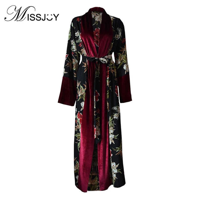 

MISSJOY Open abaya Maxi Velvet Dress Women Dubai Kaftan Clothing 2019 Cardigans Long Sleeve Flower Printed Islamic Muslim kimono