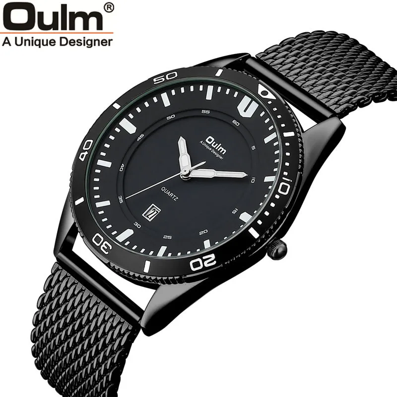 

Men Sports Watches Oulm Black Stainless Steel Auto Date Quartz Watches Men Wristwatch Male Clock relojes hombre heren horloge
