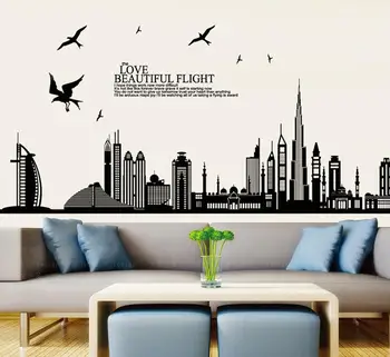 

Large size Vinyl PVC black city building landscape wall sticker of home sofa background wall decals living room decoration