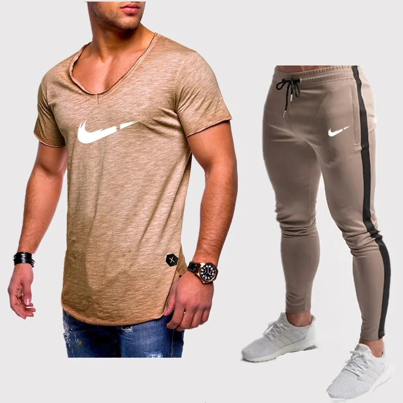 

Summer Hot Sale Men's Sets V-neck T Shirts+pants Two Pieces Sets Casual Tracksuit Male Casual Tshirt Gyms Fitness trousers men