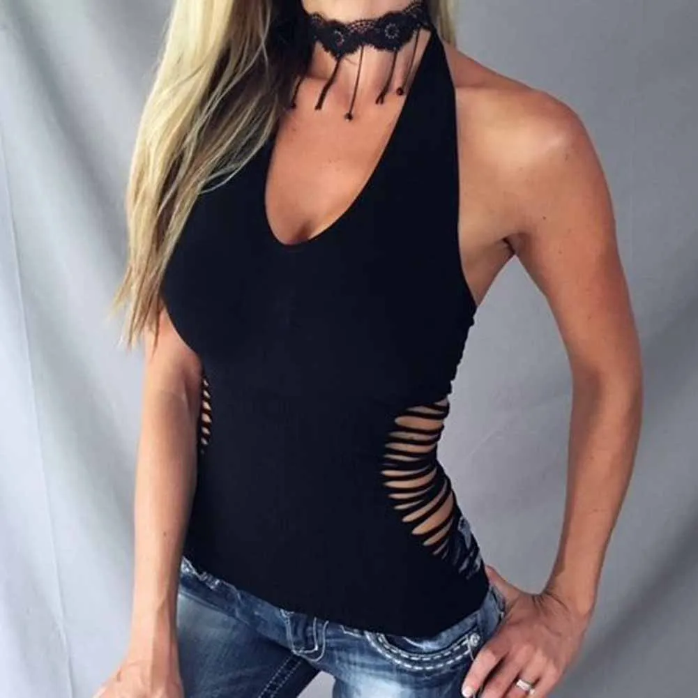 

Women Black V-neck Side Cut Out Halter Sexy Camis Hollow Out Femininas Summer Vest Tops Casual Tank Top Base T-Shirts