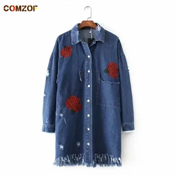 

New arrival women denim trench coat long sleeve hole embroidery floral jeans long coats autumn windbreaker trench