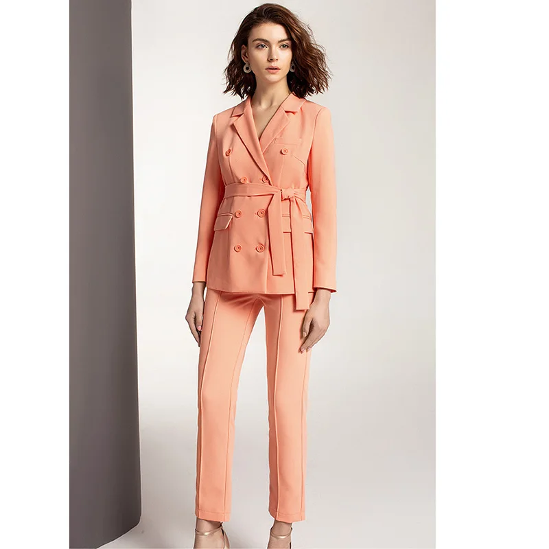 

2019 European American Women OL Pants Suits Blazer Suit Ankle Length Pants Slim Twin Sets Fashion Designing Outfits