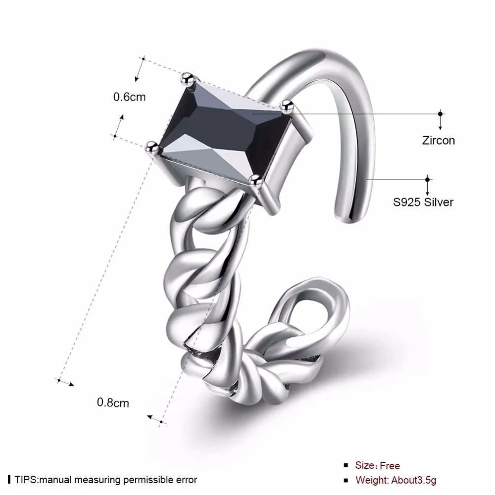 Solid 925 Sterling Silver Adjustable Ring Braided Rope Shape Black Zircon Fashion OL Jewelry Rings For Women (JewelOra RI102614)