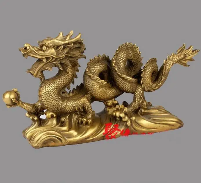 

free 6 China Folk Brass Copper Home Decoration Fengshui God Dragon Hold Bead Statue fast