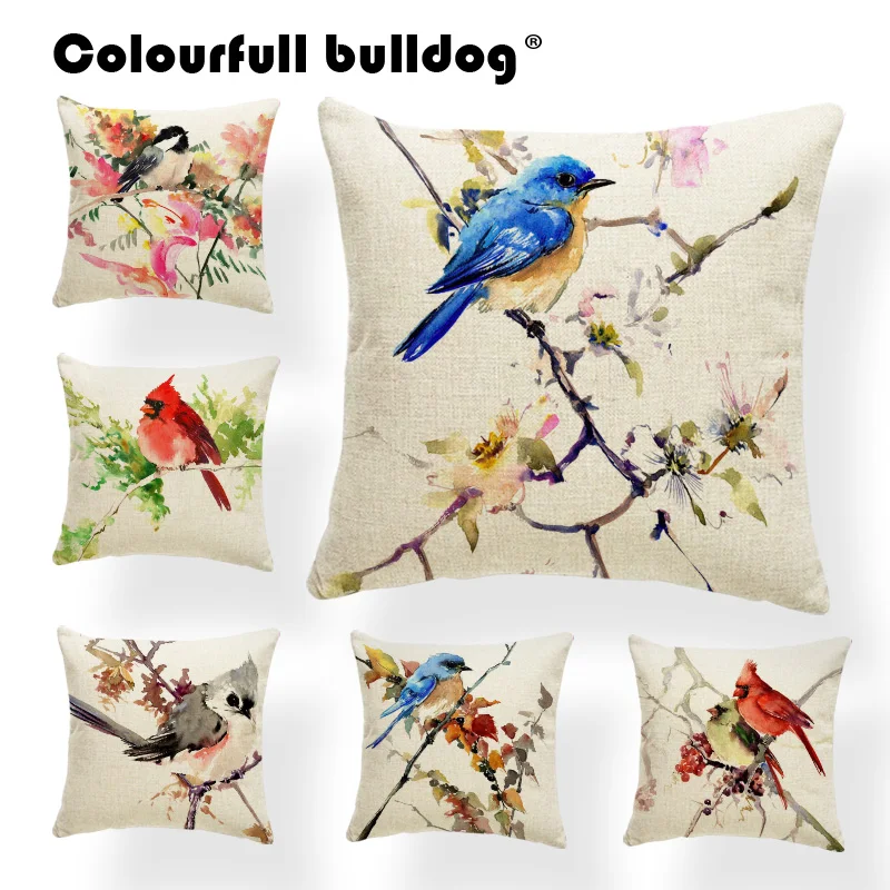 

Watercolor Parrot Cover Pillow Peach Blossom Painting Pink Throw Pillow Cases Poppy Cardinal Swallow Decorative Cushion Covers