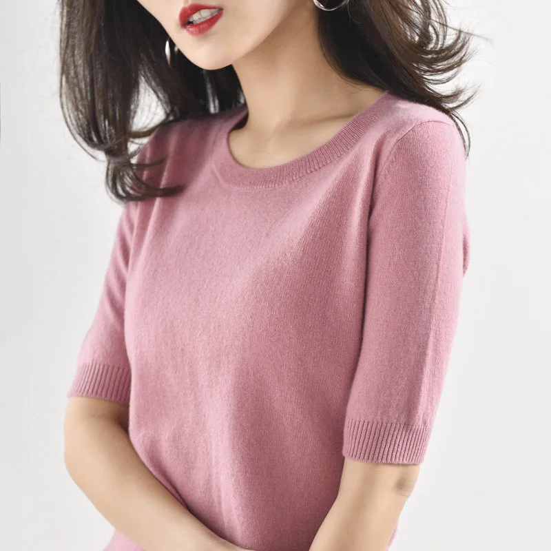 Women's 100% Wool Crewneck O-neck Short Sleeve